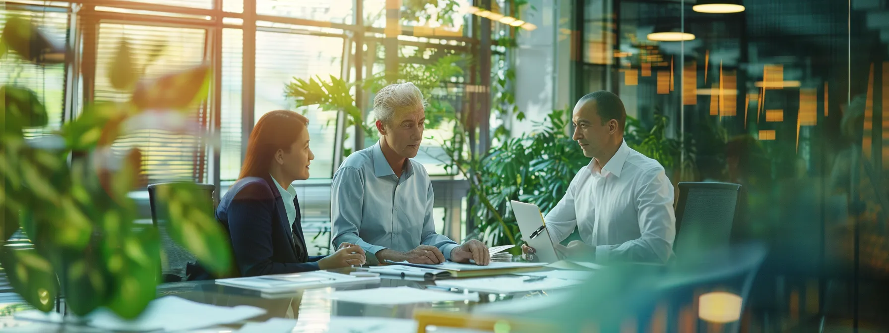 business professionals engage in a focused discussion in an office setting, surrounded by financial documents and charts.
