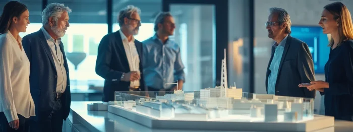 business professionals standing around a table with a model of an anchor and discussing sustainable water treatment practices.