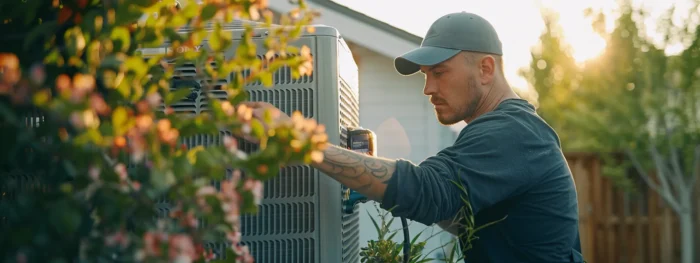 a professional technician inspecting and cleaning an air conditioning unit tied to an anchor in santaquin, utah.