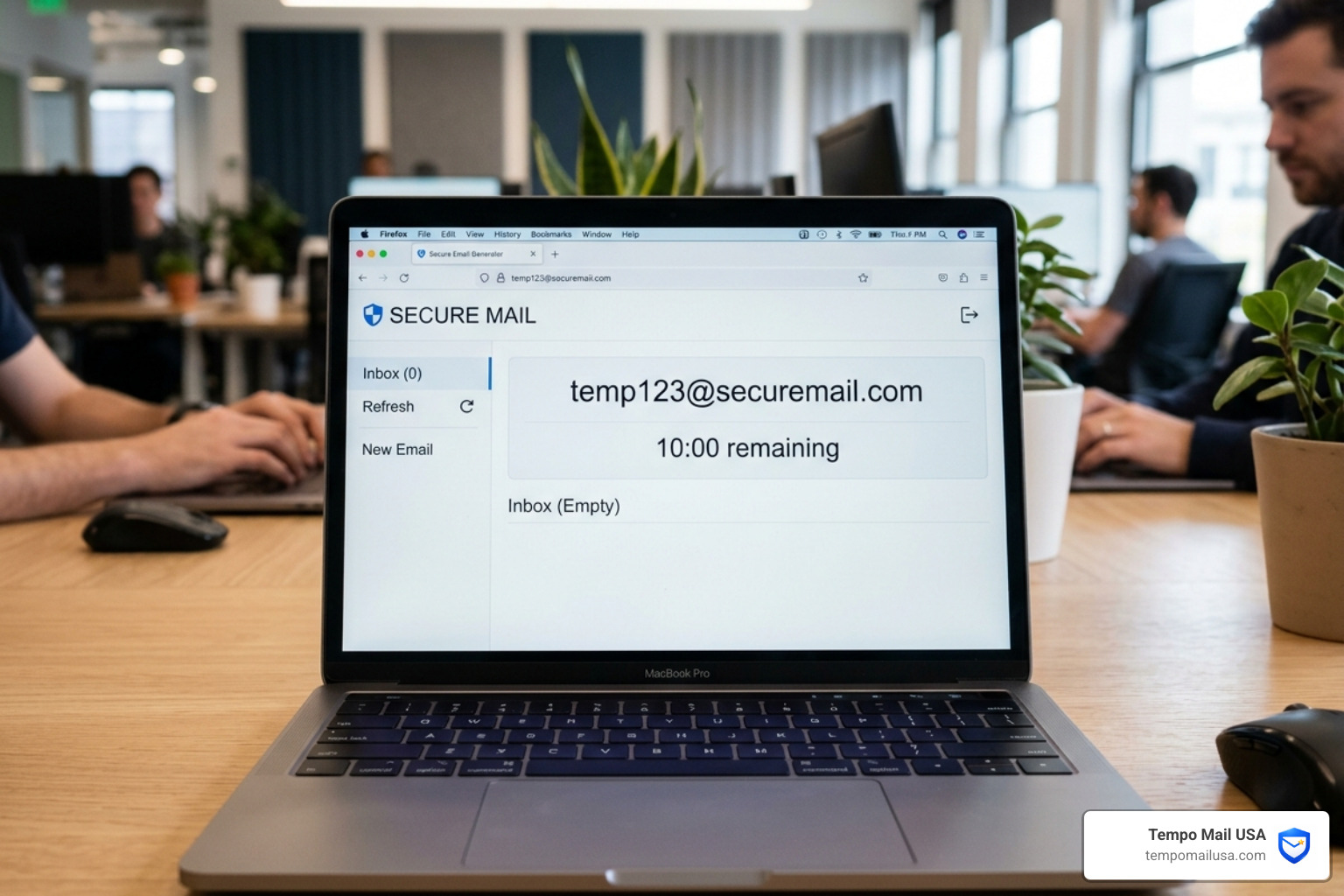 A secure email generator interface showing a random address and a countdown timer - one time temp email