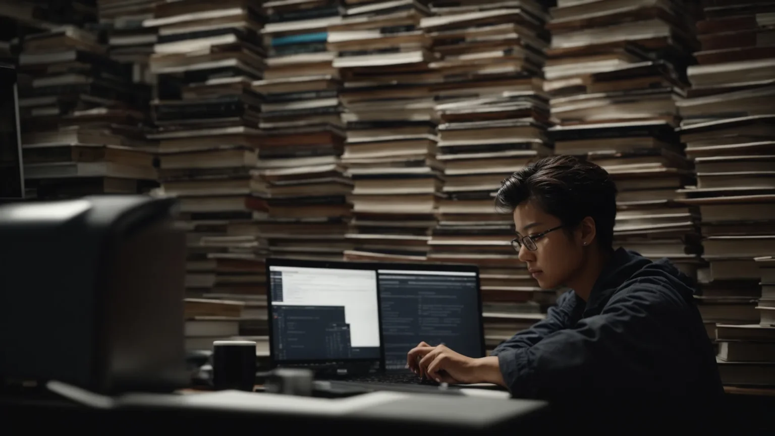 a person sits in front of a computer, intensely focused, as they tweak and refine the output on their screen, surrounded by books and notes on language and ai.