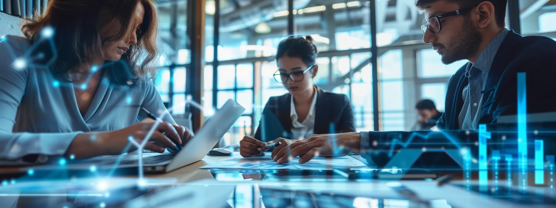 business professionals collaborate around a table, analyzing data on a laptop.